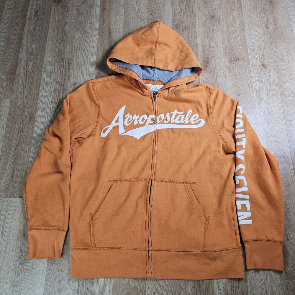 Vintage Aeropostale Zip Up Hoodie Mens Large Orange  Logo Fleece Sweatshirt  Y2k